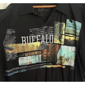 David Buffalo Graphic Print‎ Open Neck Shirt Black Short Sleeve Logo XXL